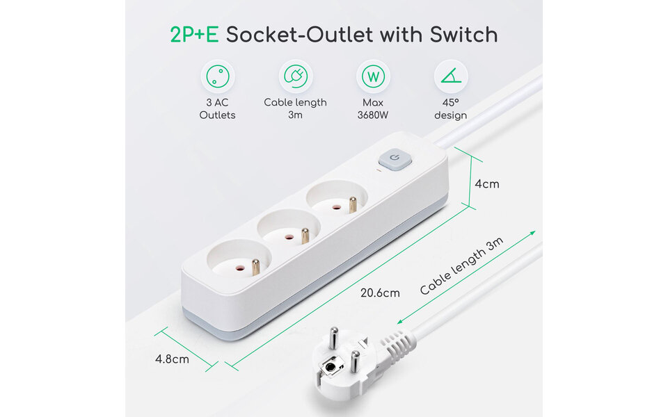 HLW LED Witte Stekkerdoos met Schakelaar – 3 Stopcontacten, 3m Verlengsnoer, 2300W LED Toebehoren