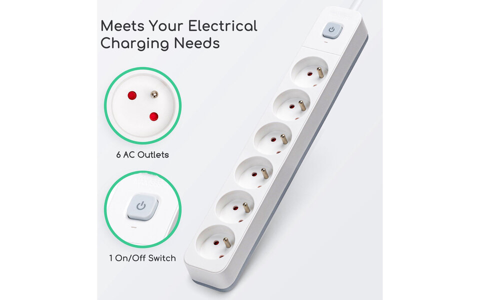 HLW LED Aigi Anzim Power Strip with Switch - 6 Outlets, 3m Extension Cord, 2300W LED Accessories