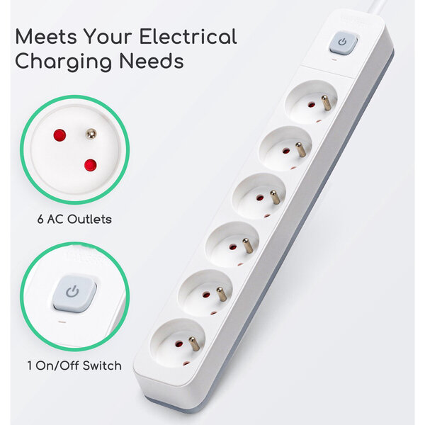 HLW LED Aigi Anzim Power Strip with Switch - 6 Outlets, 3m Extension Cord, 2300W LED Accessories