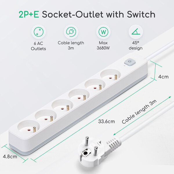 HLW LED Aigi Anzim Power Strip with Switch - 6 Outlets, 3m Extension Cord, 2300W LED Accessories