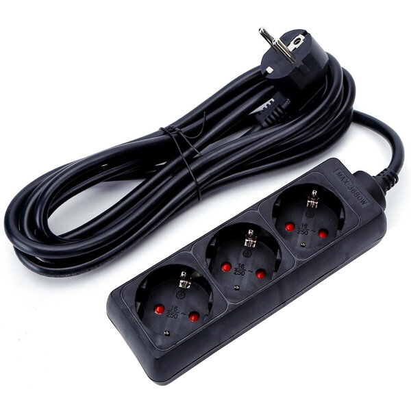 HLW LED Power Strip Extension Cord 3m - 3680W LED - 3 Outlets - Black