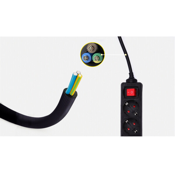 HLW LED Aigi Quino Power Strip with Switch - 3 Outlets, 3m Extension Cord, 3680W