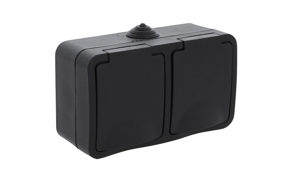 Q-LINK Q-LINK Dubbel Wandcontactdoos Buitenstopcontact Mat Zwart met Randaarde & Kinderbeveiliging