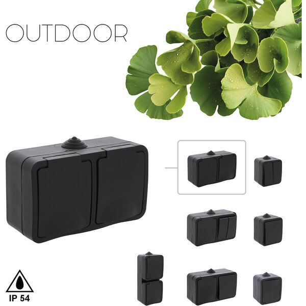 Q-LINK Q-LINK Double Wall Socket Outdoor Socket Matte Black with Grounding & Child Safety