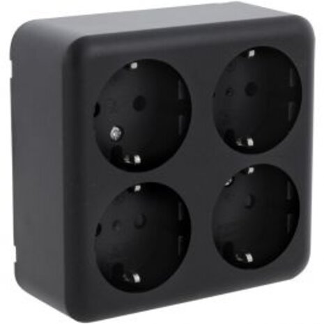 Q-LINK 4-way Surface-mounted Wall Socket Matte Black with Earth Connection and Child Safety