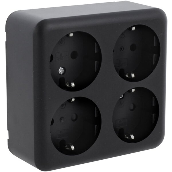 Q-LINK Q-LINK 4-voudige Opbouw Wandcontactdoos Mat Zwart met Randaarde en Kinderbeveiliging