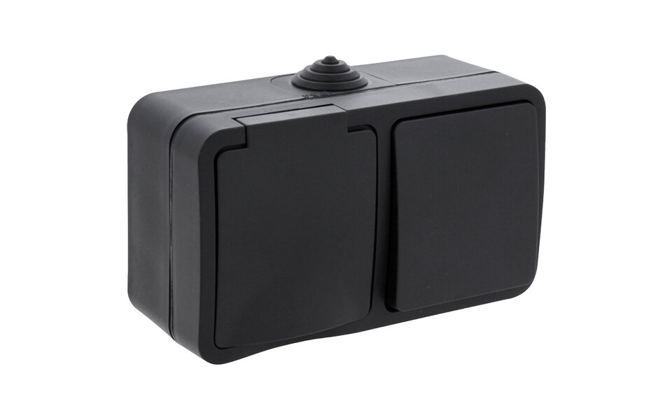 Q-LINK Q-LINK Wandcontactdoos 1-voudig met Wisselschakelaar, IP54, Randaarde, Mat Zwart Q-LINK Q-LINK Wandcontactdoos 1-voudig met Wisselschakelaar, IP54, Randaarde, Mat Zwart