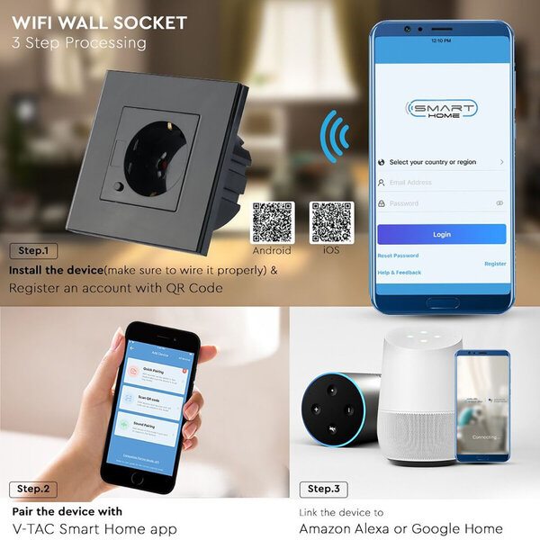 HLW LED Viron Wimo Smart WiFi Wall Socket 1-way with Grounding and Black Glass Cover Frame
