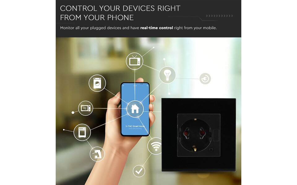 HLW LED Viron Wimo Smart WiFi Wall Socket 1-way with Grounding and Black Glass Cover Frame