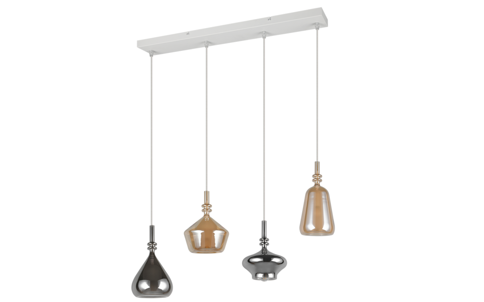 Trio Lighting Trio ALDEA hanglamp | E14 Fitting | wit mat met amber met verchroomd | 65 x 9 cm | IP20 | excl. 4x E14 | max. 10W Trio Lighting Trio ALDEA hanglamp | E14 Fitting | wit mat met amber met verchroomd | 65 x 9 cm | IP20 | excl. 4x E14 | max. 10W