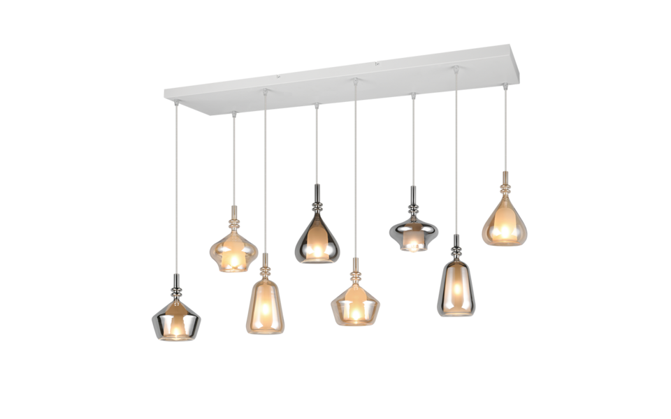 Trio Lighting Trio ALDEA hanglamp | E14 Fitting | wit mat met verchroomd met amber | 115 x 24 cm | IP20 | excl. 8x E14 | max. 10W Trio Lighting Trio ALDEA hanglamp | E14 Fitting | wit mat met verchroomd met amber | 115 x 24 cm | IP20 | excl. 8x E14 | max. 10W