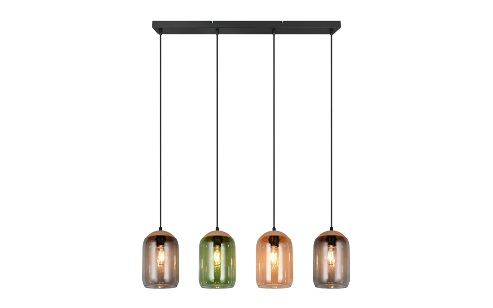 Trio Lighting Trio CORK hanglamp | E27 Fitting | mat zwart met amber met groen met rookkleur | 90 x 15 cm | IP20 | excl. 4x E27 | max. 10W
