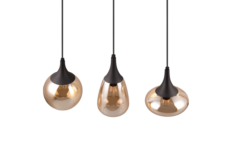 Trio Lighting Trio LUMINA hanglamp | E14 Fitting | mat zwart met amber | 68,8 x 19,5 cm | IP20 | excl. 3x E14 | max. 40W Trio Lighting Trio LUMINA hanglamp | E14 Fitting | mat zwart met amber | 68,8 x 19,5 cm | IP20 | excl. 3x E14 | max. 40W
