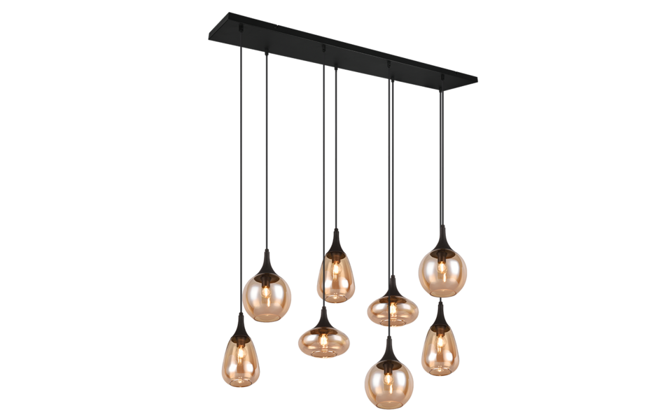 Trio Lighting Trio LUMINA hanglamp | E14 Fitting | mat zwart met amber | 121 x 34,5 cm | IP20 | excl. 8x E14 | max. 40W Trio Lighting Trio LUMINA hanglamp | E14 Fitting | mat zwart met amber | 121 x 34,5 cm | IP20 | excl. 8x E14 | max. 40W