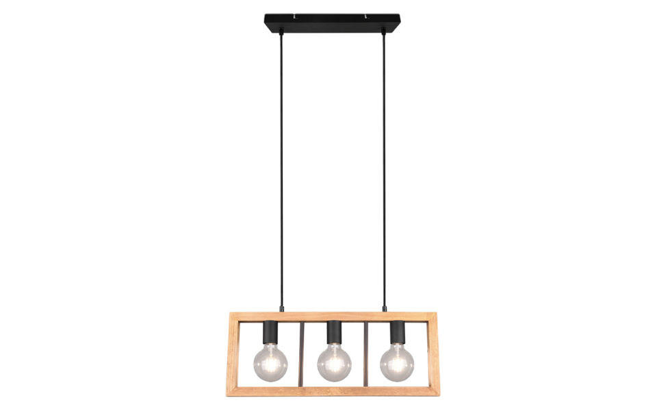 Trio Lighting Trio AGRA hanglamp | E27 Fitting | mat zwart met houtkleur | 60 x 8,5 cm | IP20 | excl. 3x E27 | max. 10W