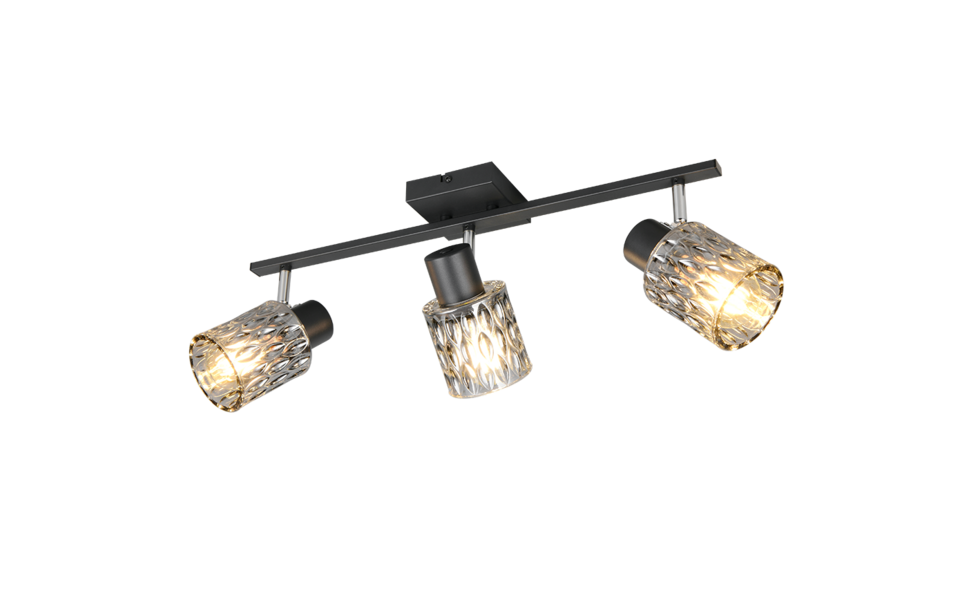 Trio Lighting Trio JACK plafondspot | E27 Fitting | mat zwart met rookkleur | 55 x 16 cm | IP20 | excl. 3x E27 | max. 10W