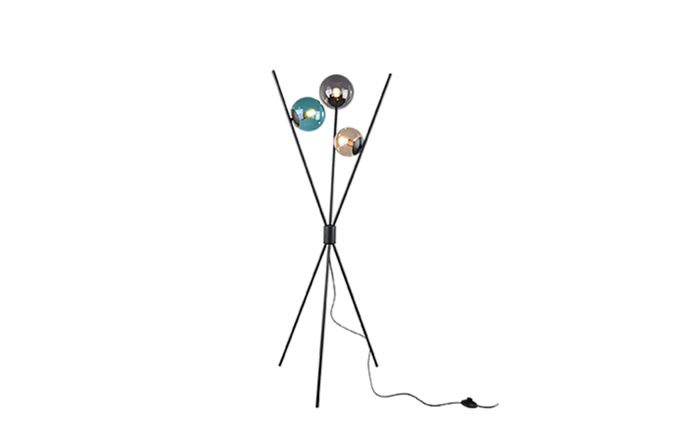 Trio Lighting Trio LANCE vloerlamp | E14 Fitting | mat zwart met amber met turquoise met rookkleur | Ø 60 cm | IP20 | excl. 3x E14 | max. 28W