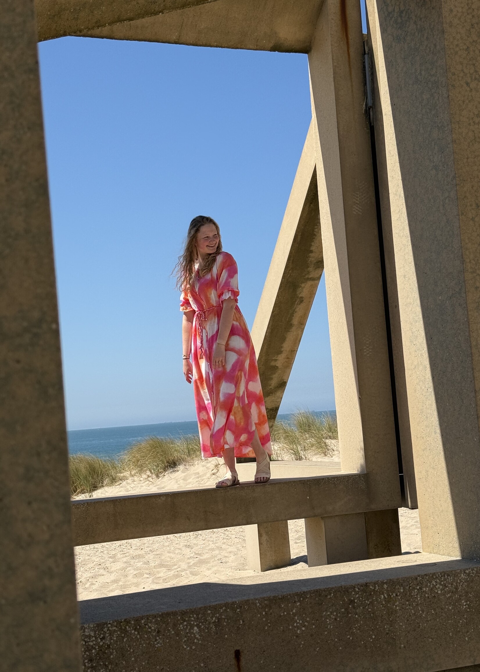 C&S The Label Amalfi Dress Offwhite/Super Pink Maat XS/S