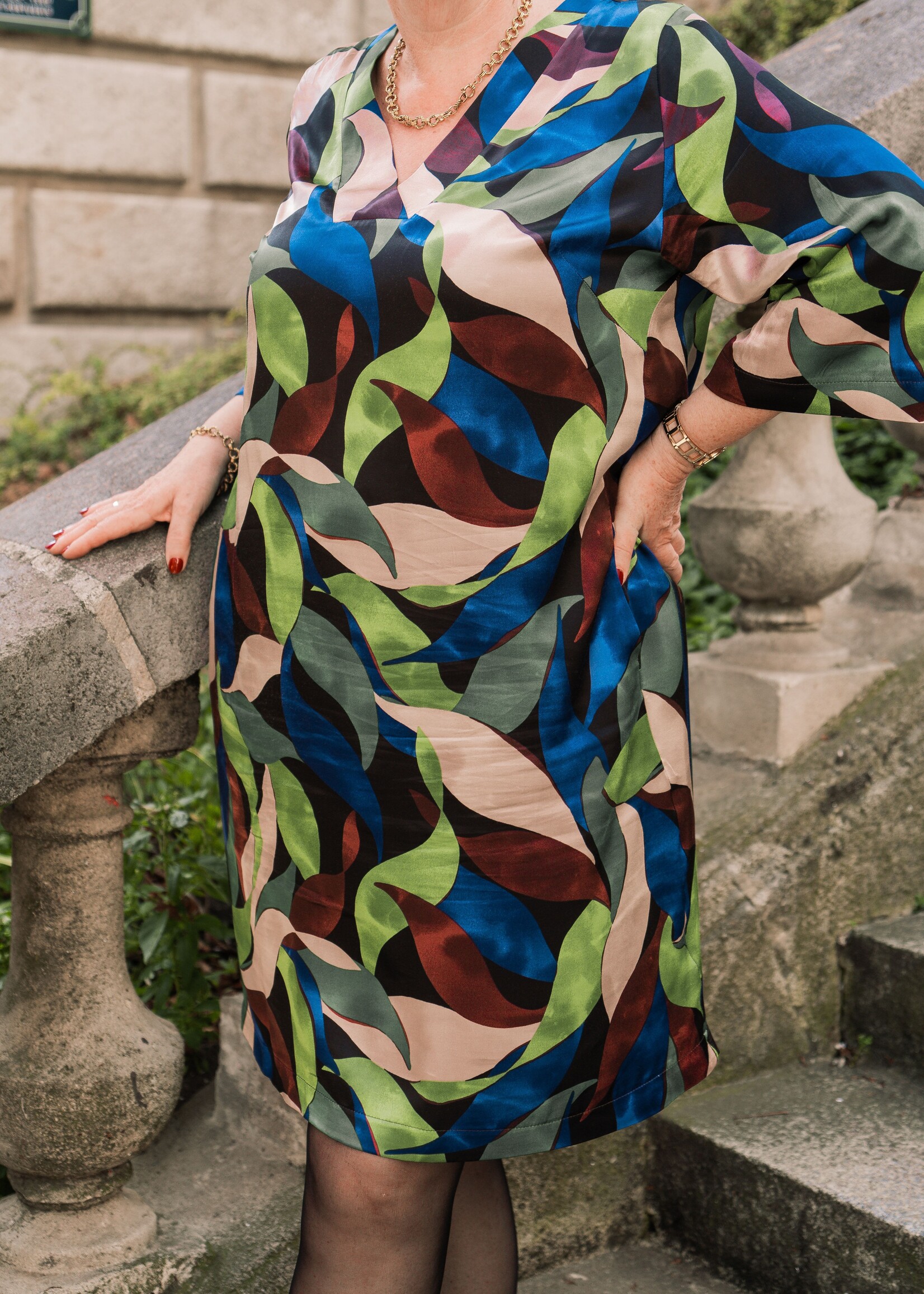 Ophilia Bridget Viscose Satin Dessin Green Collage