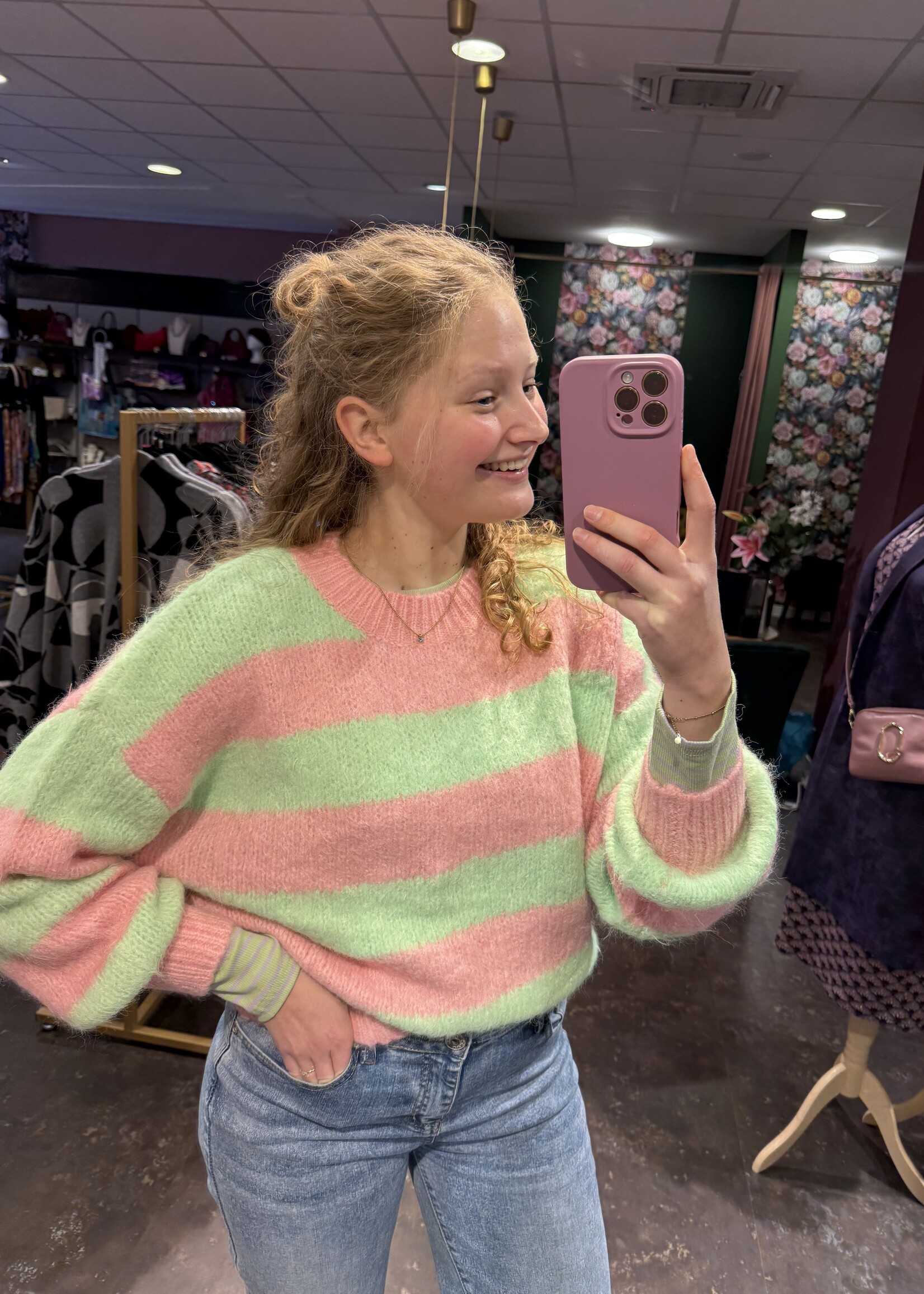 Belle truitje stripe Green Lila onesize