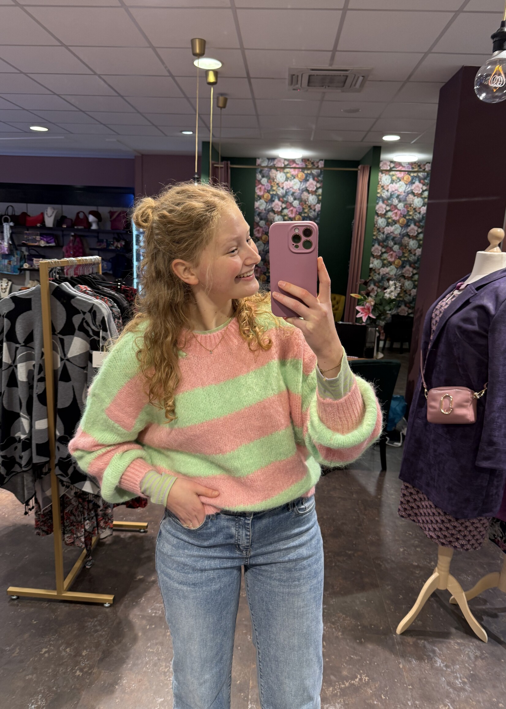 Mia Stripe Vibe Knitwear Mint Pink Onesize