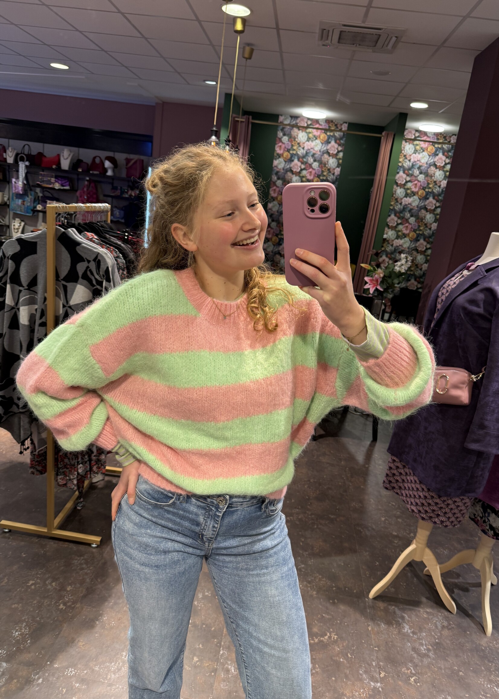 Mia Stripe Vibe Knitwear Mint Pink Onesize