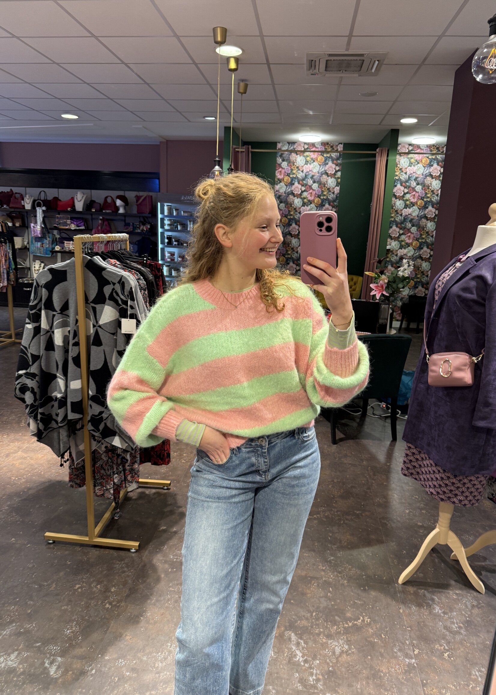 Mia Stripe Vibe Knitwear Mint Pink Onesize