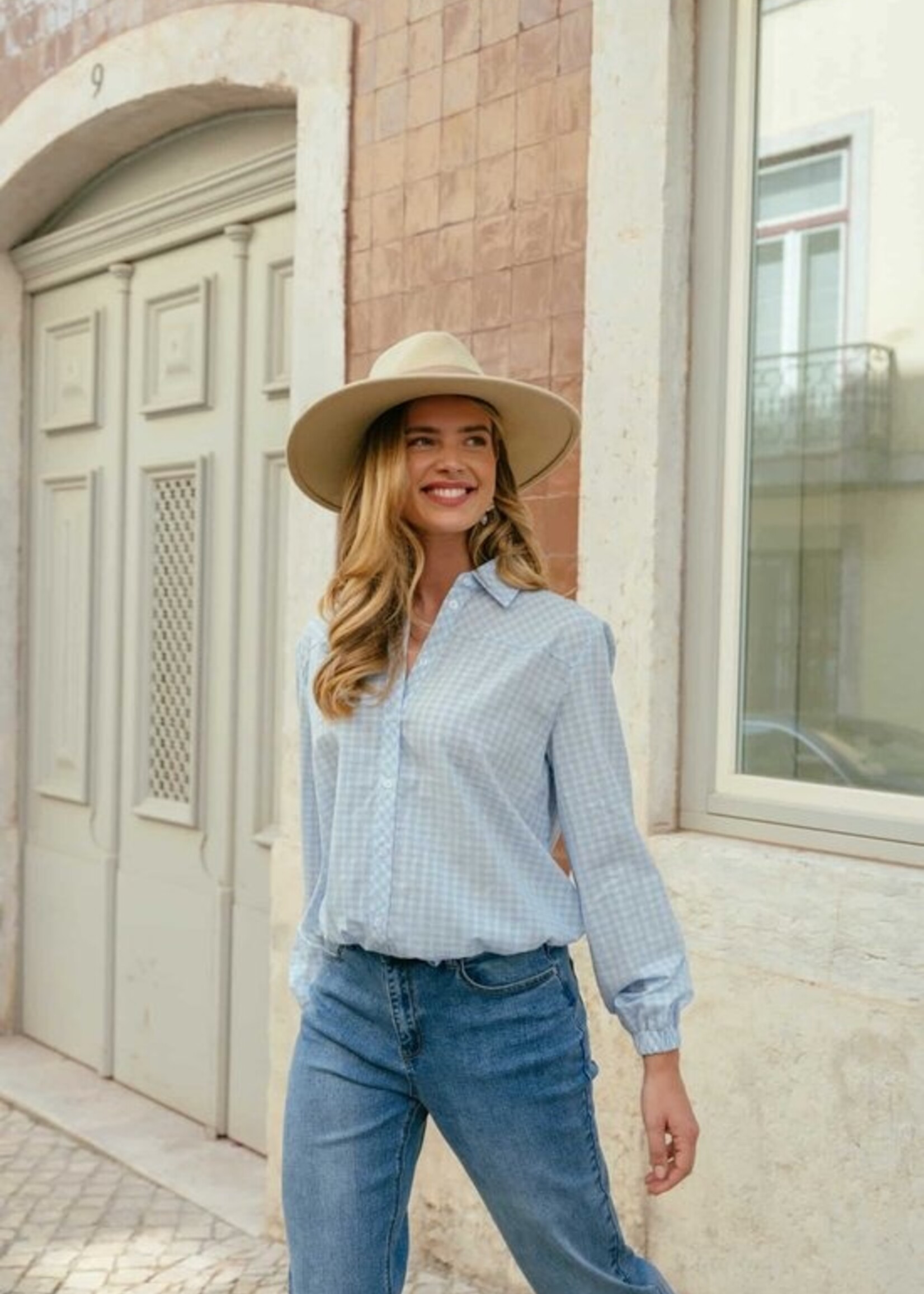 C&S The Label Lenette Blouse Blue Mist/Offwhite