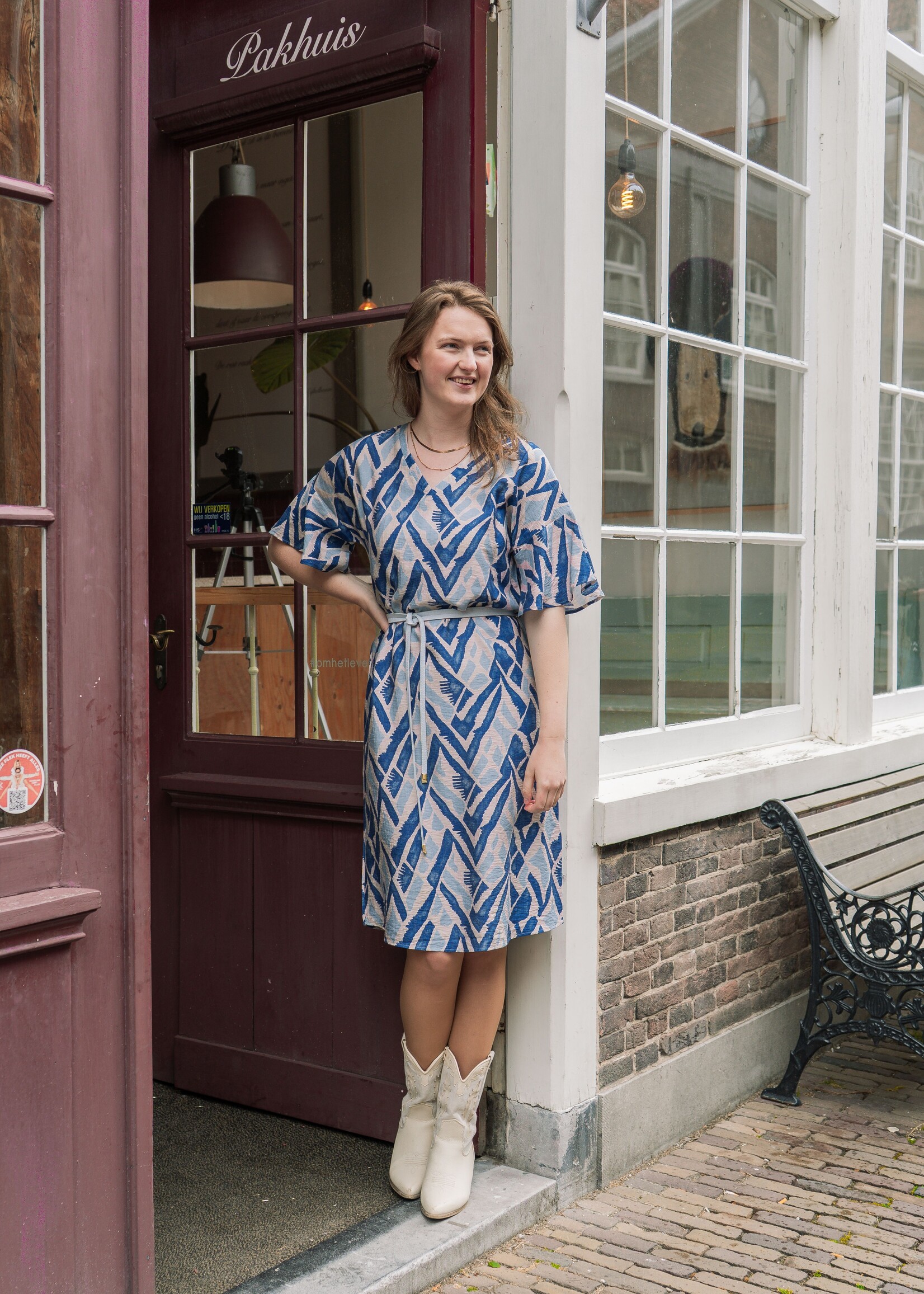 C&S The Label Dalma Dress Sand/Cornflower Blue