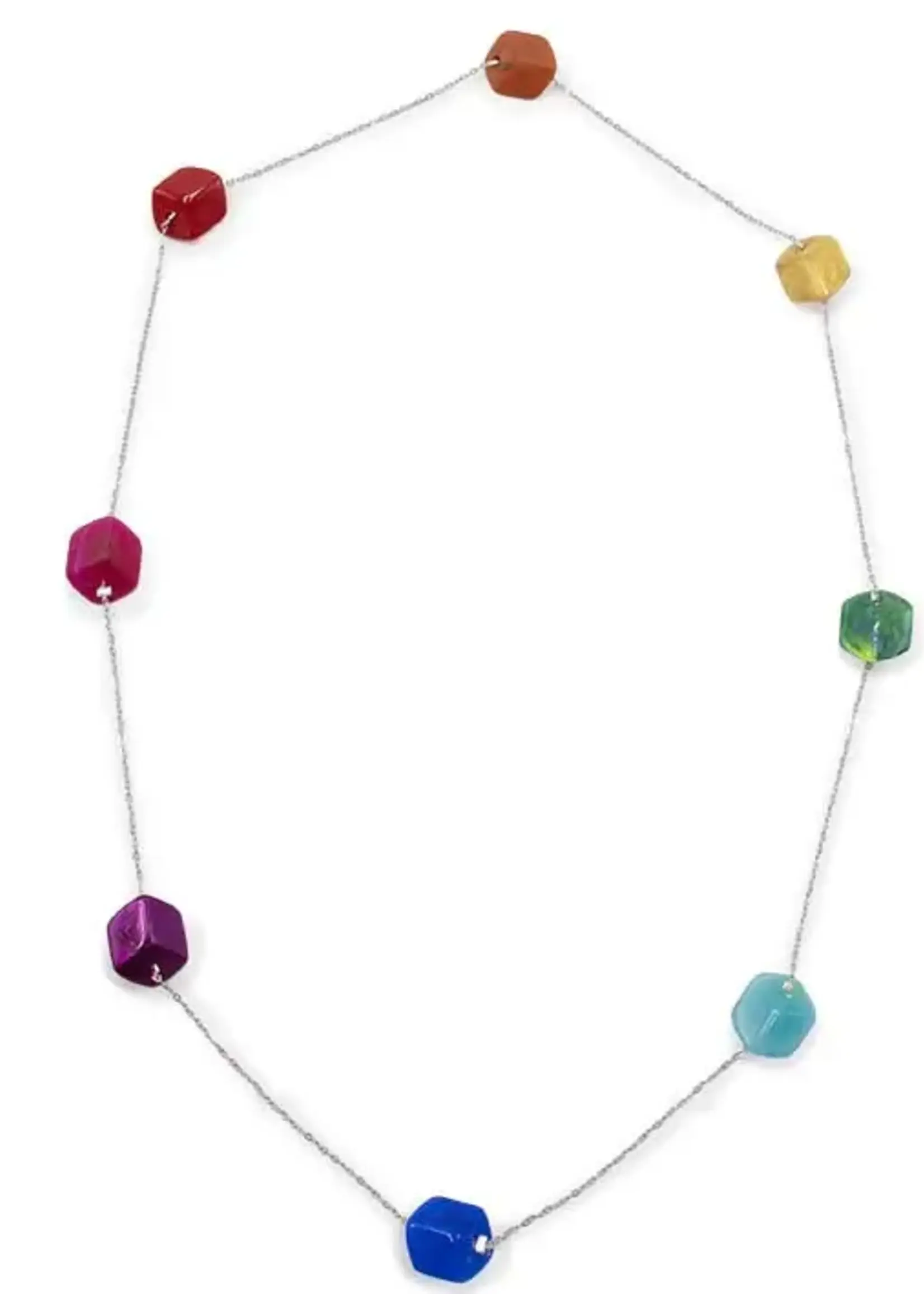 Cubes Lange zilverkleurige ketting met 8 mini cubes in multi color