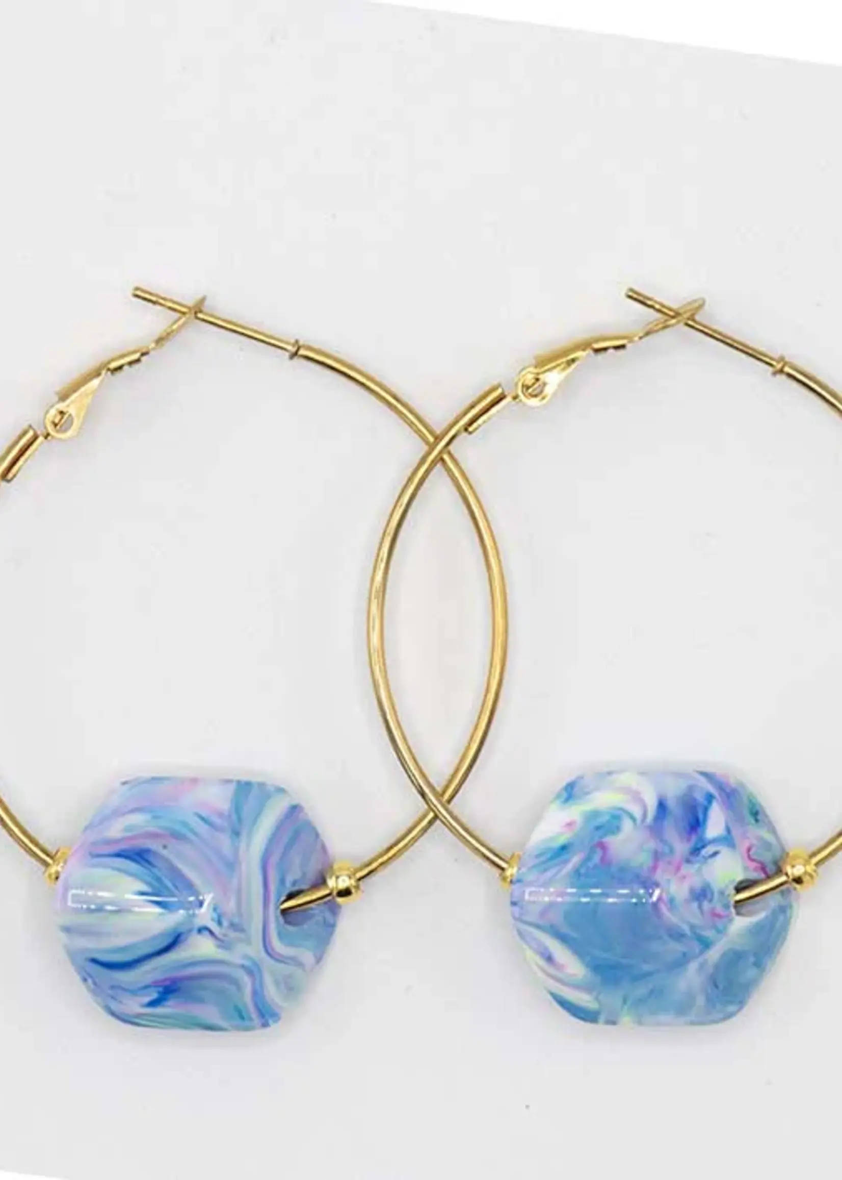 Cubes Hoop oorbellen met verwisselbare Marble blue - Goud