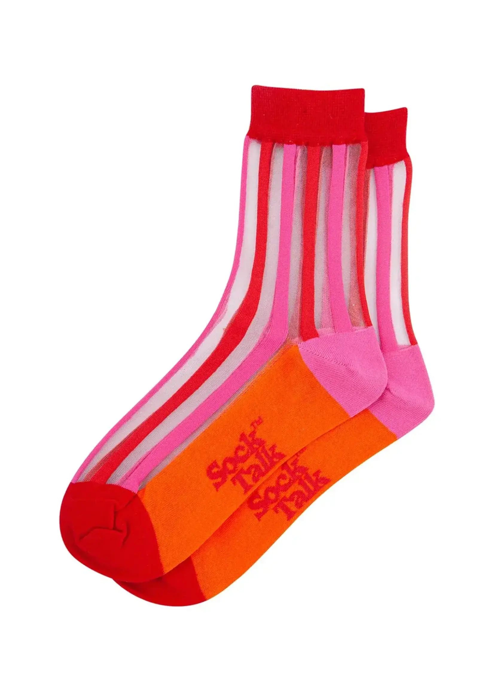 Sock Talk Stripe van transparant en gekamd katoen in rood/oranje.