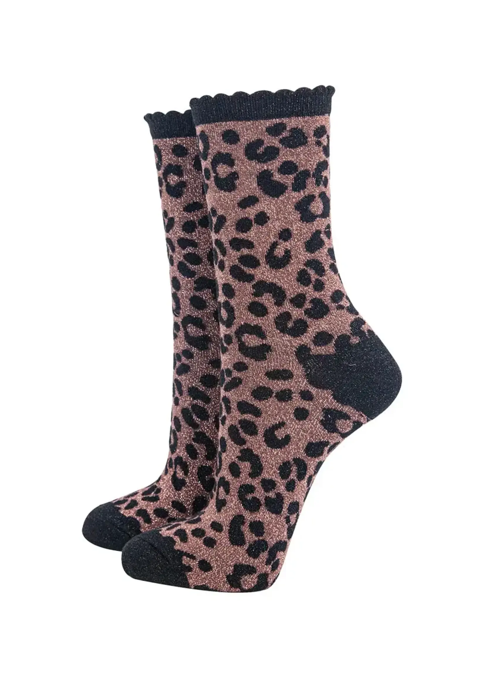 Sock Talk Katoenen sokken met luipaardprint en glitter in chocoladebruin
