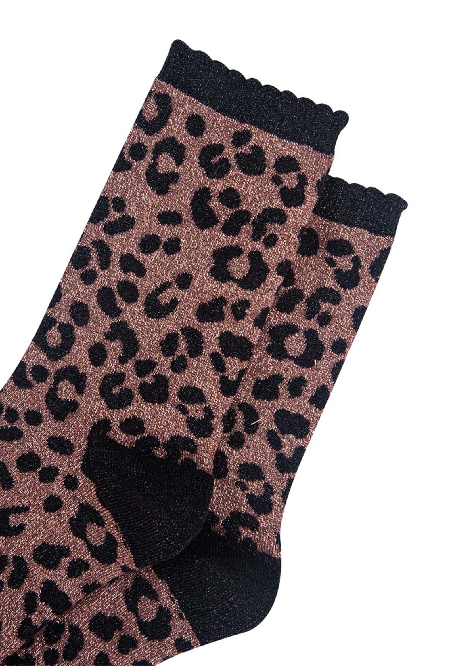 Sock Talk Katoenen sokken met luipaardprint en glitter in chocoladebruin