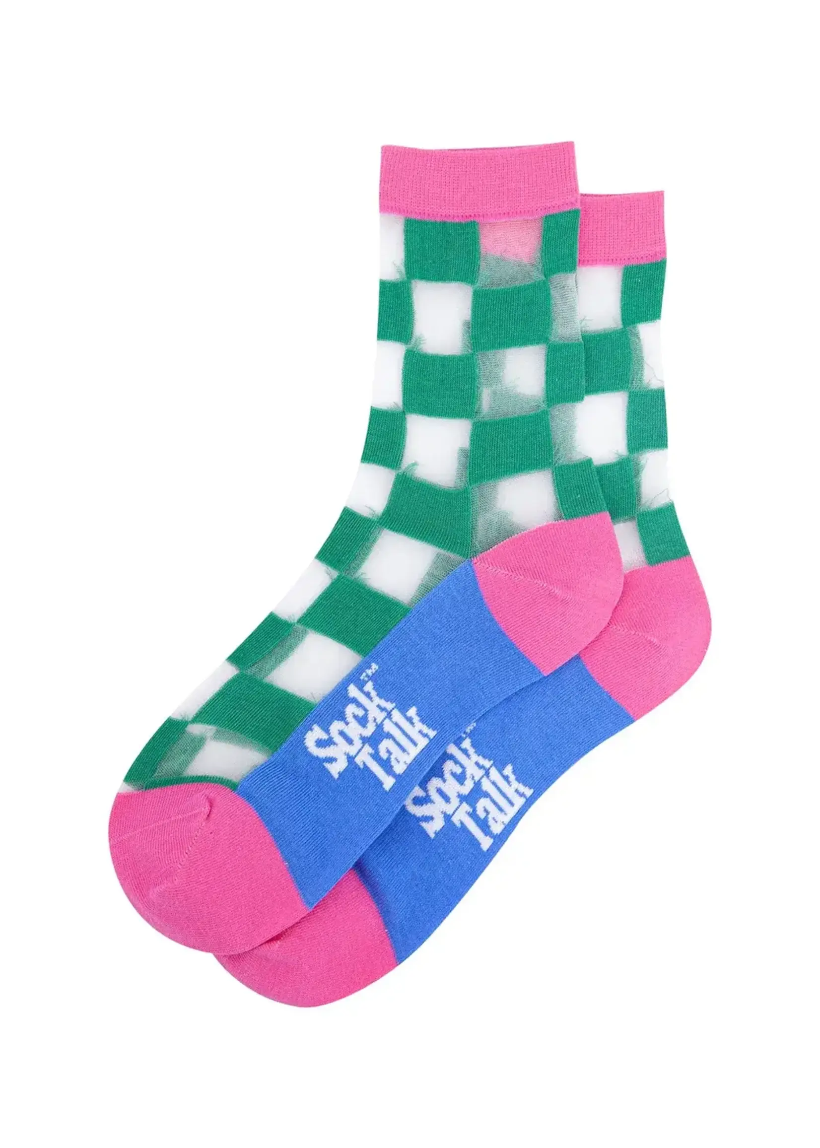 Sock Talk Square Checkerboard gekamd katoenen doorschijnende sokken in groen