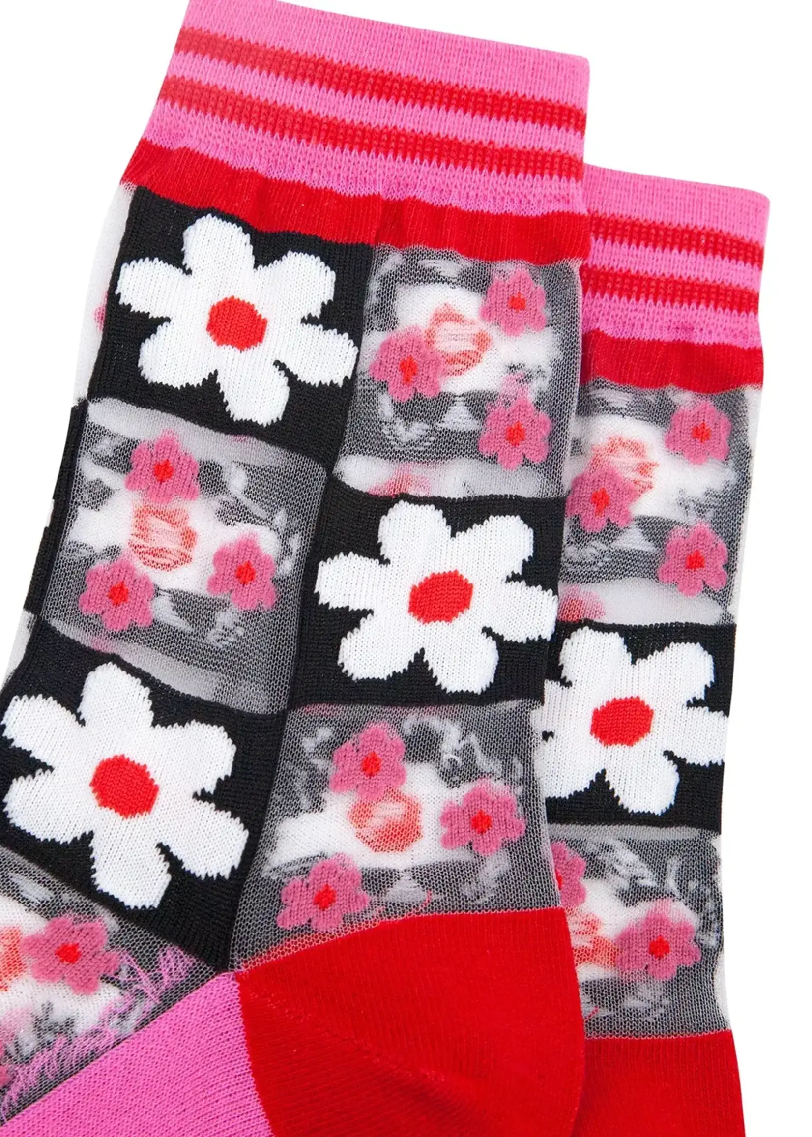Sock Talk Daisy Checkerboard sokken van gekamd katoen met een doorschijnend effect in roze.