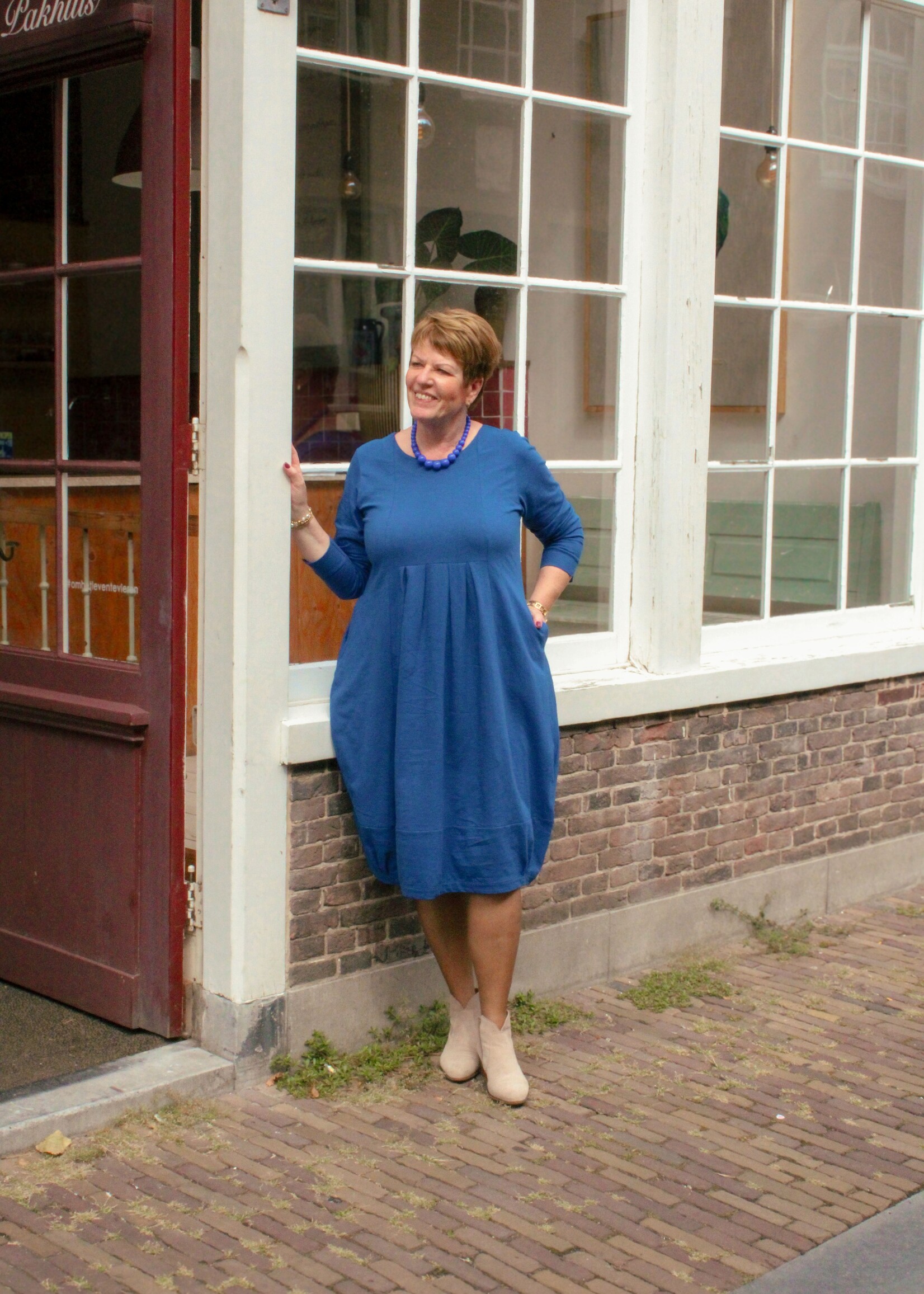Orientique Knit Dress Pleated Yoke Cobalt