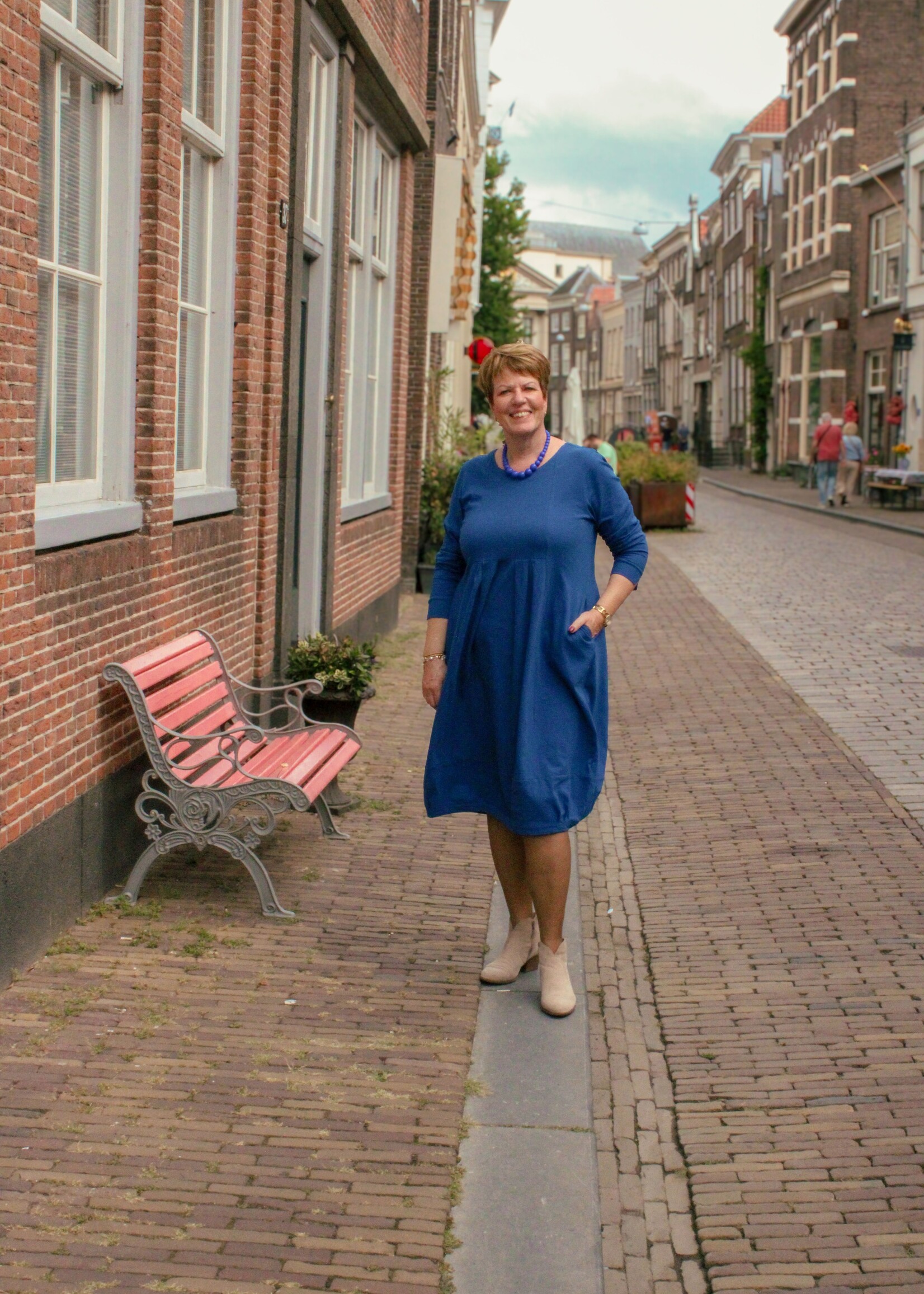 Orientique Knit Dress Pleated Yoke Cobalt