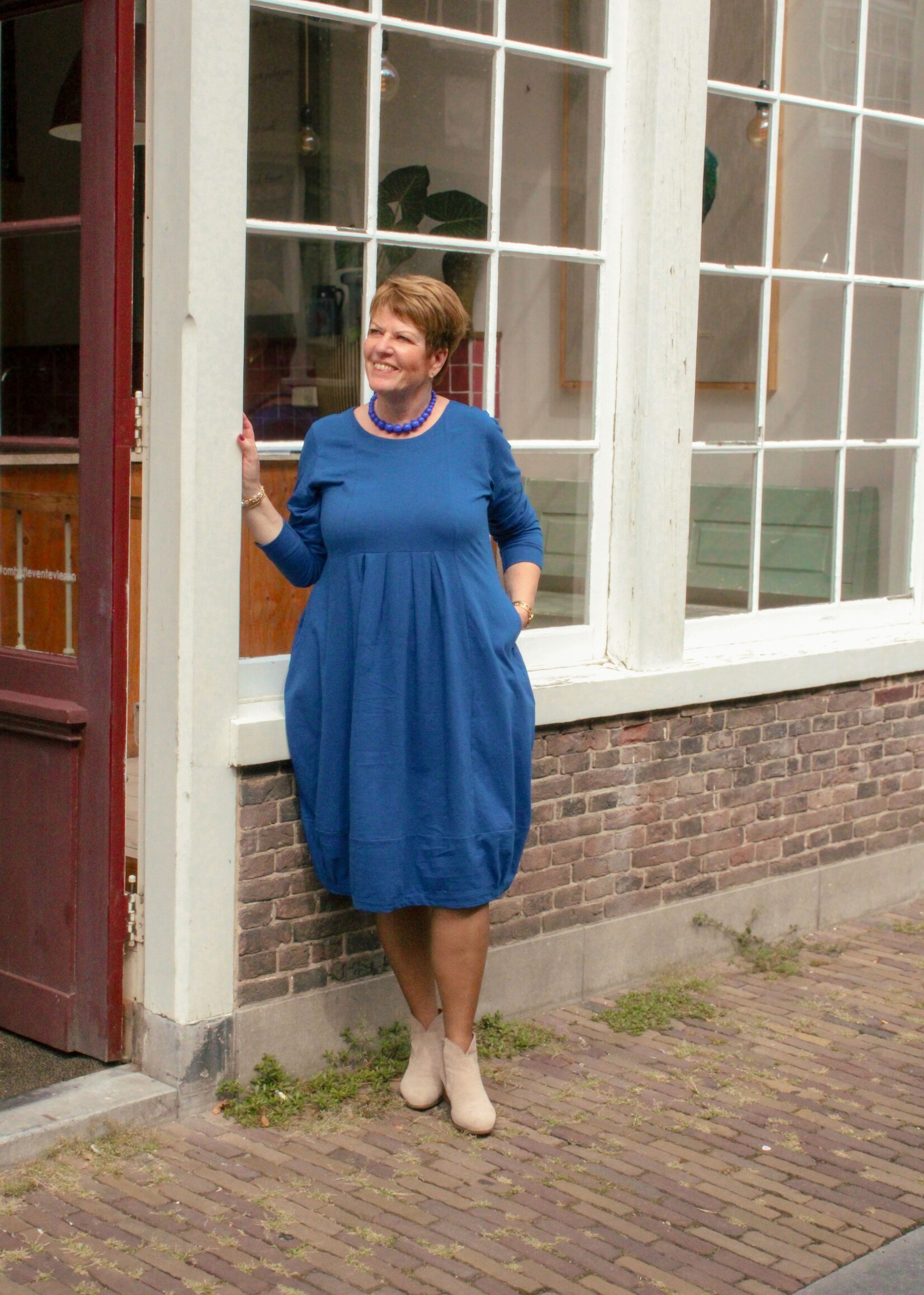 Orientique Knit Dress Pleated Yoke Cobalt