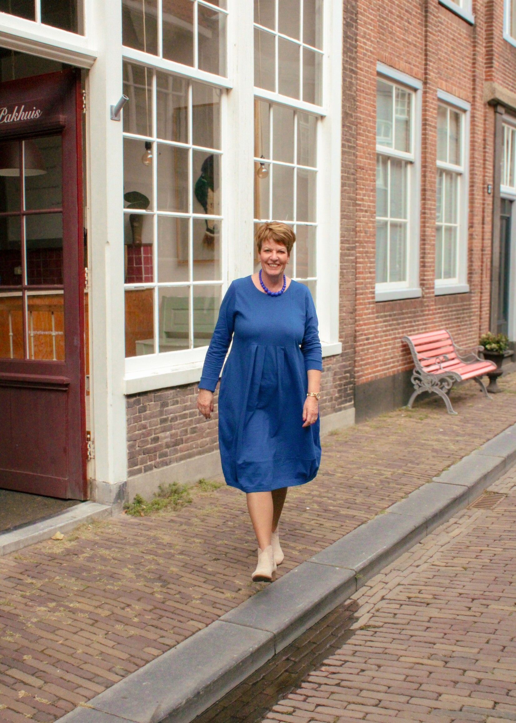 Orientique Knit Dress Pleated Yoke Cobalt