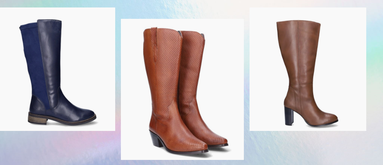 Van links naar rechts: Elegante laars Annfield met stretch paneel, boot Ely met V-vorm aan bovenzijde en een fijne blokhak, en kniehoge dameslaars Clophill met hoge hak.