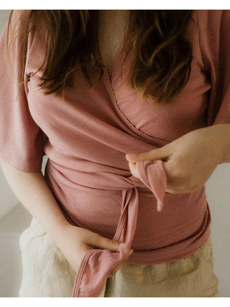 Unaduna Kurzarmwickelbluse Ajour aus Wolle/Seide - cameo rose