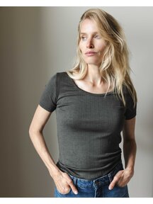 Unaduna Damen-Kurzarmhemd Rippe aus Wolle/Seide - wakame