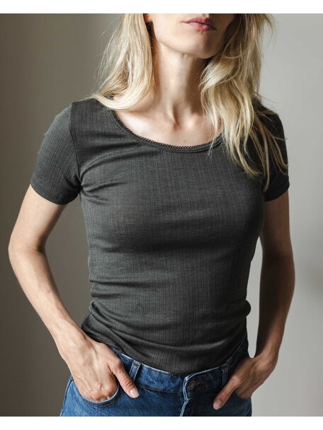 Unaduna Damen-Kurzarmhemd Rippe aus Wolle/Seide - wakame