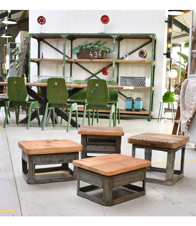 Metal stool with wooden seat