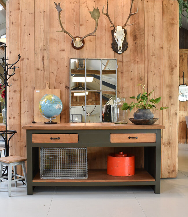 Green industrial sideboard with wooden drawers