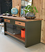 Green industrial sideboard with wooden drawers