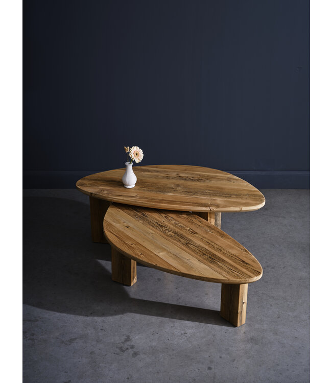 Kiezelvormige salontafel set  - duurzaam gebruikt hout