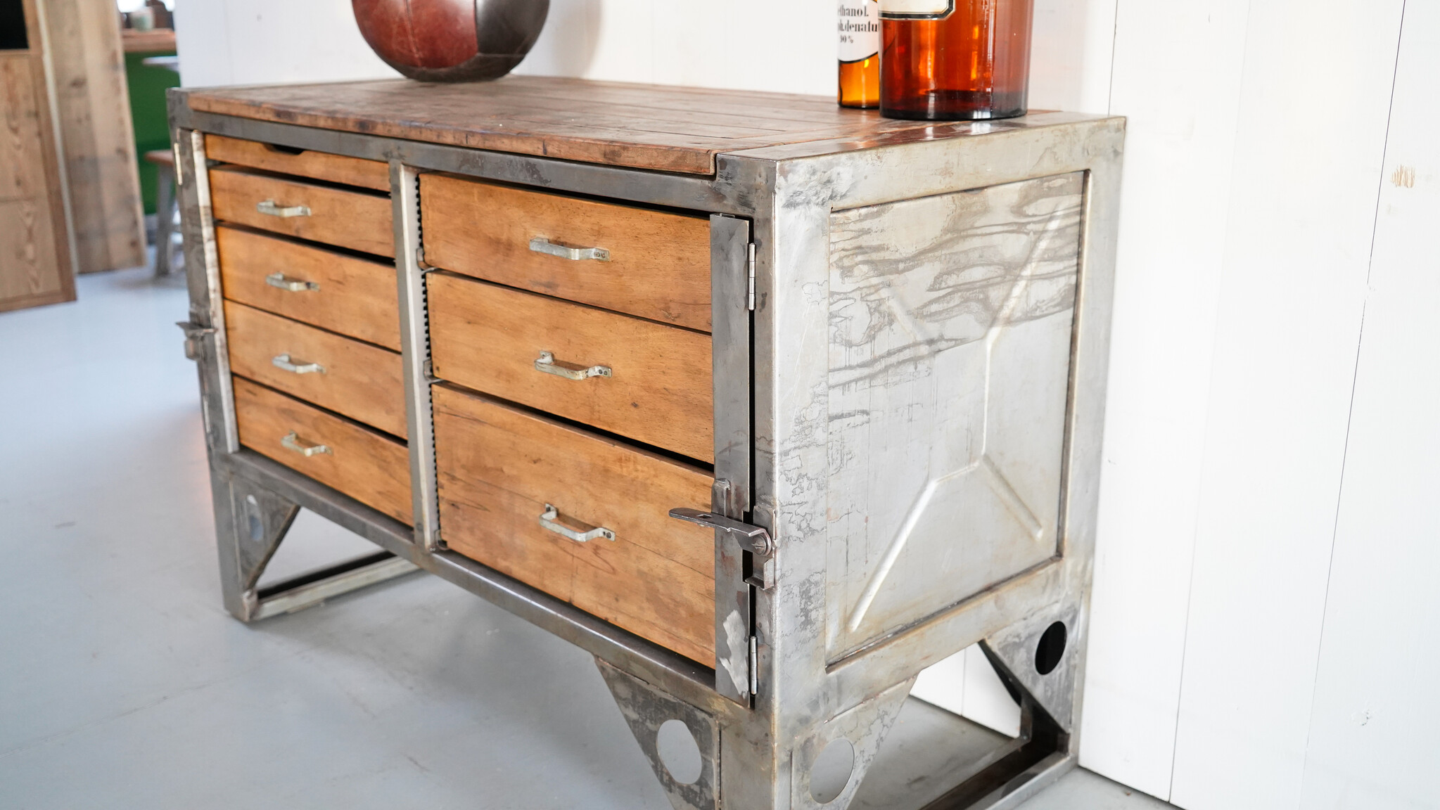 Vintage sideboard - old workbench with drawers - wood and steel ...
