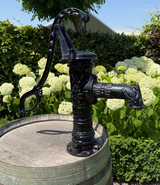 Oak rain barrel with hand pump cast iron black